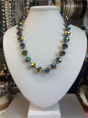 Stunning! Large Iridescent Faceted Glass Bead Necklace - Oils Slick 18”